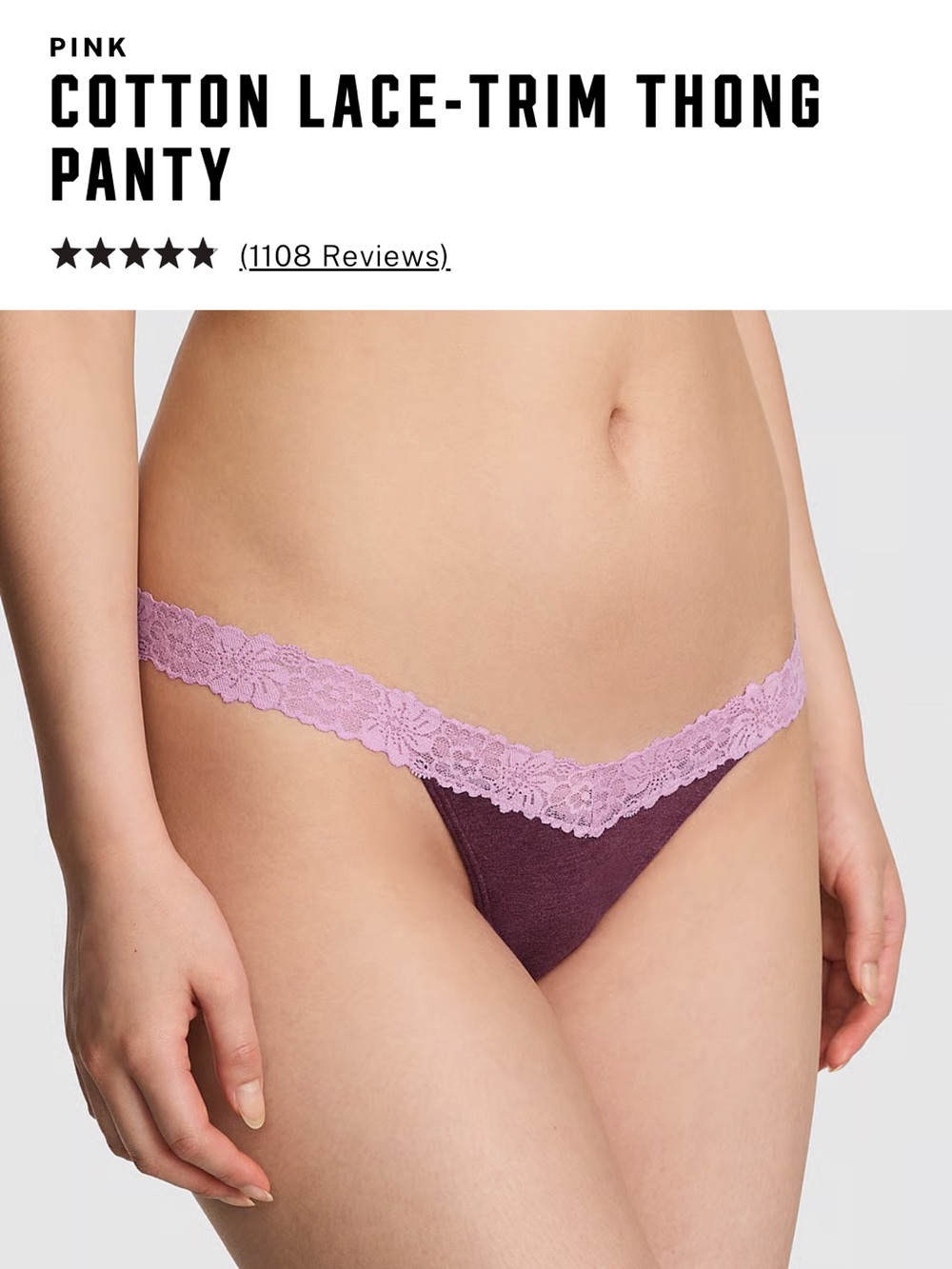 Brand New Cotton Lace-Trim Thong Panty - Burgundy/Purple
